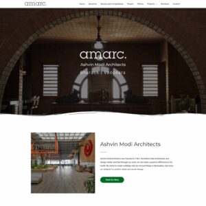 Screenshot of the Ashvin Modi Architects website homepage featuring a logo and architectural images.